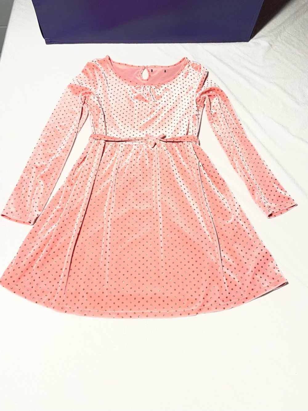 Girls Pink Velvet Dot Long-Sleeve Dress
